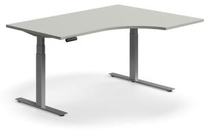 Výškovo nastaviteľný stôl QBUS, rohový, 1600x1200 mm, strieborný rám, svetlošedá