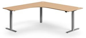 Výškovo nastaviteľný stôl FLEXUS, rohový, 2000x2000 mm, strieborný rám, buk