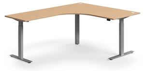 Výškovo nastaviteľný stôl FLEXUS, rohový, 1600x2000 mm, strieborný rám, buk