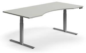 Výškovo nastaviteľný stôl QBUS, s výrezom, 2000x1000 mm, strieborný rám, svetlošedá