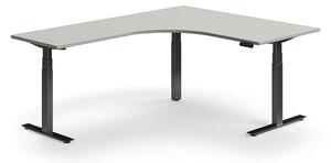 Výškovo nastaviteľný stôl QBUS, rohový, 1600x2000 mm, čierny rám, svetlošedá