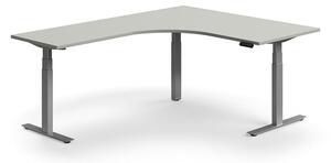 Výškovo nastaviteľný stôl QBUS, rohový, 1600x2000 mm, strieborný rám, svetlošedá