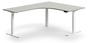 Výškovo nastaviteľný stôl QBUS, rohový, 1600x2000 mm, biely rám, svetlošedá