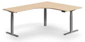 Výškovo nastaviteľný stôl QBUS, rohový, 1600x2000 mm, strieborný rám, dub