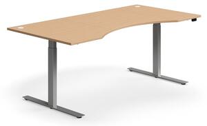 Výškovo nastaviteľný stôl FLEXUS, s výrezom, 2000x1000 mm, strieborný rám, buk