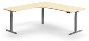 Výškovo nastaviteľný stôl QBUS, rohový, 2000x2000 mm, strieborný rám, breza