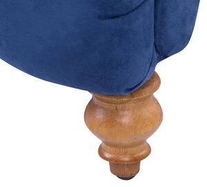 Leňoška modrá čalúnená v štýle Chesterfield s gombíkmi moderná obývacia izba drevené nohy