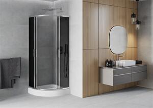 Mexen Rio, štvrťkruhový sprchovací kút s posuvnými dverami 70 x 70 cm, 5mm šedé sklo, chrómový profil + biela vysoká sprchová vanička Rio, 863-070-070-01-40-4710