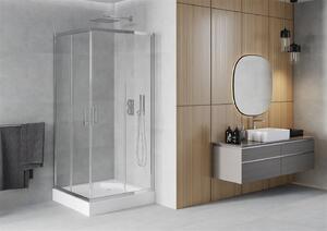 Mexen Rio, štvorcový sprchovací kút s posuvnými dverami 90 x 90 cm, 5mm číre sklo, chrómový profil + biela vysoká sprchová vanička Rio, 860-090-090-01-00-4510