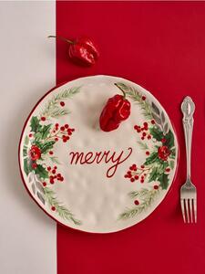 Sinsay - Vianočný keramický tanier s nápisom “Merry” - biela