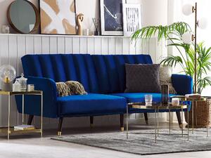 Rozkladacia pohovka námornícka modrá zamatové čalúnenie vhodná na spanie elegantná moderná obývacia izba spálňa
