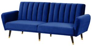 Rozkladacia pohovka námornícka modrá zamatové čalúnenie vhodná na spanie elegantná moderná obývacia izba spálňa