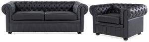 Chesterfield sedacia súprava do obývacej izby čalúnená kožená čierna koža nohy z tmavého dreva 3 miestna pohovka s kreslom moderná