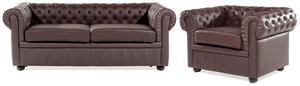 Chesterfield sedacia súprava do obývacej izby čalúnená kožená hnedá koža nohy z tmavého dreva 3 miestna pohovka s kreslom moderná
