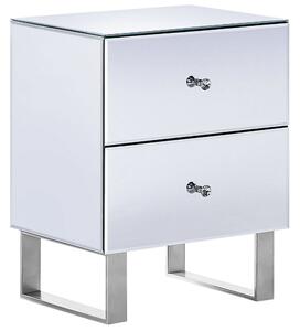 Nočný stolík strieborný sklo kov MDF zrkadlový efekt 48 x 35 x 60 cm 2 zásuvky úložný priestor glamour štýl spálňa