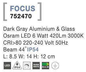 Nova Luce Svietidlo FOCUS WALL GREY nástenné, IP 54, 6 W 752470