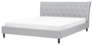 Posteľ svetlosivá látkové čalúnenie 180 x 200 cm prešívané čelo s gombíkmi v štýle Chesterfield lamelový rošt drevené nohy moderný štýl spálňa