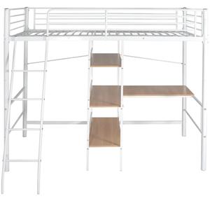 Vysoká posteľ s písacím stolom, biela a hnedá, kov 90x200 cm