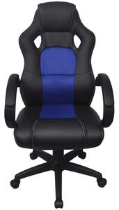 Modré kancelárske kreslo z umelej kože v podobe pretekárskeho sedadla