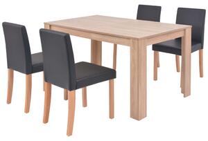 Jedálenský stôl+stoličky 5 ks, umelá koža, dubové drevo, čierne