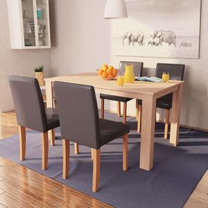 Jedálenský stôl a stoličky, 5 ks, umelá koža, dubové drevo, hnedé