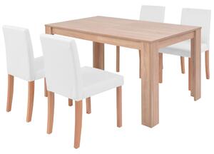 Jedálenský stôl a stoličky, 5 ks, umelá koža, dubové drevo, krémové