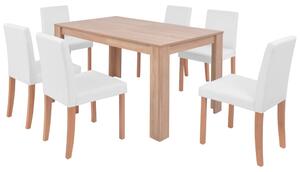 Jedálenský stôl a stoličky, 7 ks, umelá koža a dubové drevo, krémové