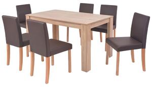 Jedálenský stôl a stoličky, 7 ks, umelá koža a dubové drevo, hnedé