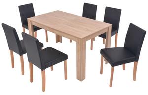 Jedálenský stôl a stoličky, 7 ks, umelá koža a dubové drevo, čierne