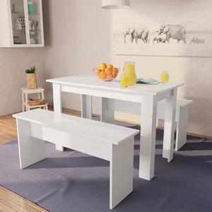 Jedálenský stôl a lavičky z drevotriesky, 3 kusy, biele
