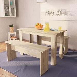 Jedálenský stôl a lavičky z drevotriesky, 3 kusy, dubová farba