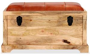 Úložná lavica, pravá koža a masívne mangovníkové drevo, 80x44x44 cm