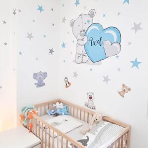 INSPIO-textilná prelepiteľná nálepka - Detské nálepky na stenu, modrý macko s hviezdami a menom