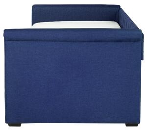 Rozkladacia posteľ modrá čalúnená EU single size 90x200 cm posteľ pre hostí s gombíkmi