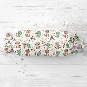 Biante Detský vankúš valec bonbon Sandra SA-657 Zeleno-hnedé dinosaury na bielom 15x40 cm