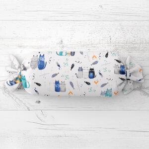 Biante Detský vankúš valec bonbon Sandra SA-653 Mačací svet modrý na bielom 15x40 cm