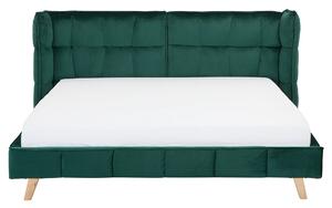 Čalúnená posteľ tmavozelená zamatové nohy zo svetlého dreva nastaviteľná 160 x 200 cm
