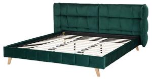 Čalúnená posteľ tmavozelená zamatové nohy zo svetlého dreva nastaviteľná 160 x 200 cm
