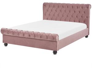 Posteľný rám ružový zamatové čalúnenie čierne drevené nohy 140 x 200 dvojlôžková posteľ glamour štýl spálňa