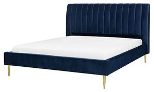 Čalúnená posteľ modrá zamatová látka 160 x 200 cm s lamelovým roštom vysoké čelo dekoratívne elegantné moderné