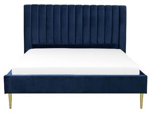 Čalúnená posteľ modrá zamatová čalúnená 160 x 200 cm s lamelovým roštom vysoké čelo elegantný dizajn spálňa