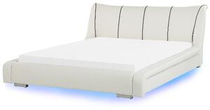 Kožená posteľ biela 180 x 200 cm LED osvetlenie s lamelovým roštom, dekoratívne prešívanie, zakrivený tvar, moderná