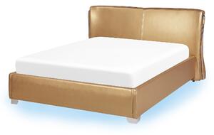Posteľ zlatá čalúnená kožená s rámom s LED osvetlením 140 x 200 cm moderného dizajnu