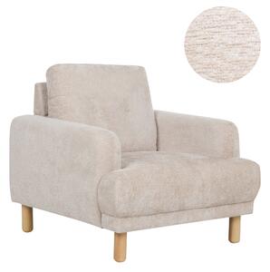 Kreslo béžové buklé čalúnenie drevené nohy minimalistický retro štýl obývacia izba