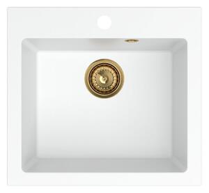 Sink Quality Ferrum 50, kuchynský granitový drez 490x450x195 mm + zlatý sifón, biela, SKQ-FER.W.1K50.XG