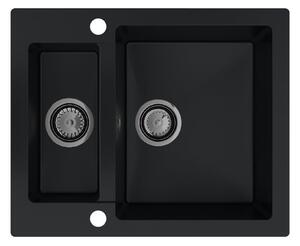 Sink Quality Ferrum, kuchynský granitový drez 605x495x210 mm + čierny sifón, čierna, SKQ-FER.C.5KBO.XB