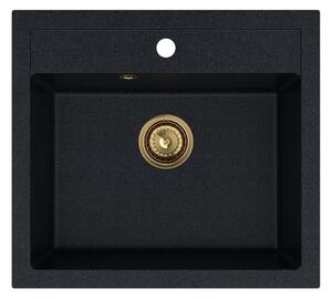 Sink Quality Ferrum, kuchynský granitový drez 565x510x205 mm + zlatý sifón, čierna škvrnitá-Brocade, SKQ-FER.B.1K60.XG