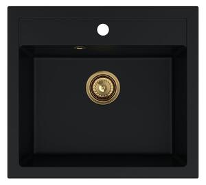 Sink Quality Ferrum, kuchynský granitový drez 565x510x205 mm + zlatý sifón, čierna, SKQ-FER.C.1K60.XG