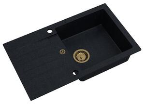 Sink Quality Natalie, kuchynský granitový drez 770x450x170 mm + zlatý sifón, čierna škvrnitá-BROCADE, SKQ-NAT.B.1KDO.XG