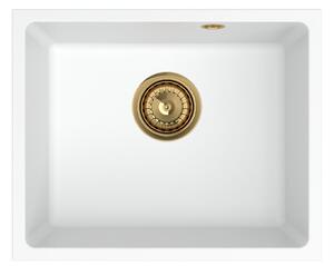 Sink Quality Crypton 55, kuchynský granitový drez 460x375x205 mm + zlatý sifón, biela, SKQ-CRY.W.1KBO.55.XG